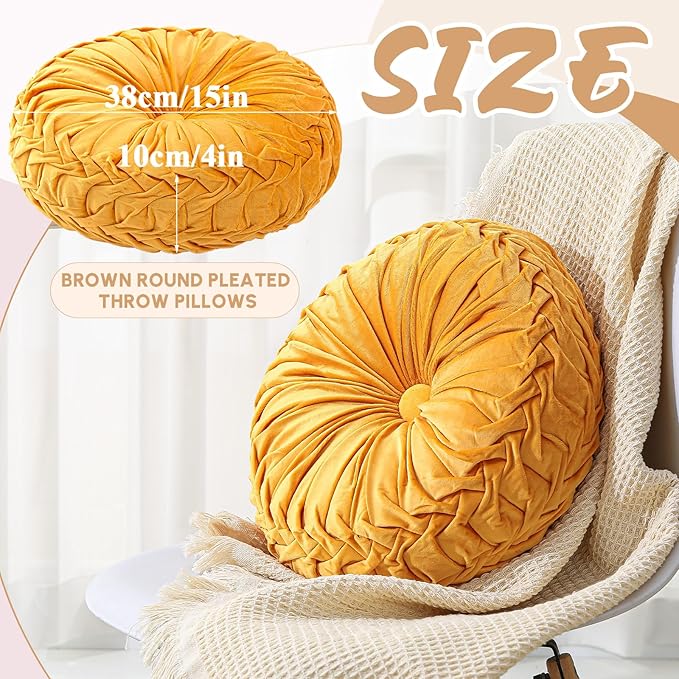 1 Pcs Round Throw Pillows Decorative Velvet Pleated Throw Pillows 15'' Diameter Accent Pumpkin Boho Chair Cushion for Couch Sofa Chair Bed Home Decoration (Yellow)