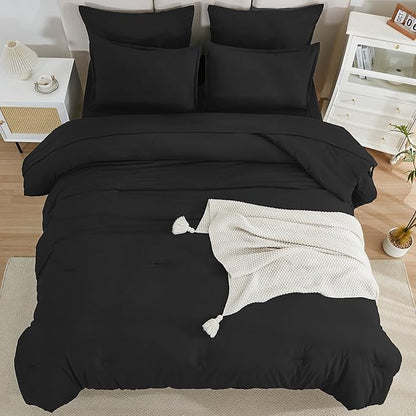 Litanika Comforter Queen Size Set Black - 7 Pieces Bed in a Bag Queen Bedding Comforter Sets, Plain Lightweight Bed Set with Comforter, Sheets, Pillowcases & Shams