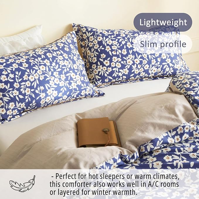 Navy Floral Cotton Comforter Queen Size 3PC - Elegant White Flowers Pattern on Blue，Taupe Back, Lightweight Bedding Sets with Ultra-Soft Alternative Fill, (1 Comforter, 2 Pillowshams)