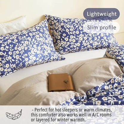 Navy Floral Cotton Comforter Queen Size 3PC - Elegant White Flowers Pattern on Blue，Taupe Back, Lightweight Bedding Sets with Ultra-Soft Alternative Fill, (1 Comforter, 2 Pillowshams)