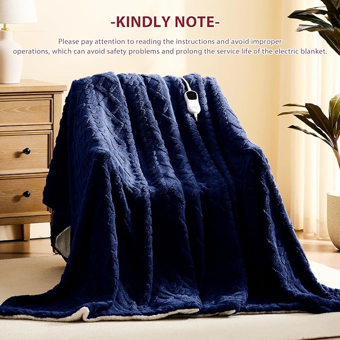 Heated Electric Blanket King Size-100"x90" Heating Blanket with 10 Heating Levels & 5 Time Settings Over-Heat Protection，Winter Warmer for Adults with ETL Certification（Navy Blue）