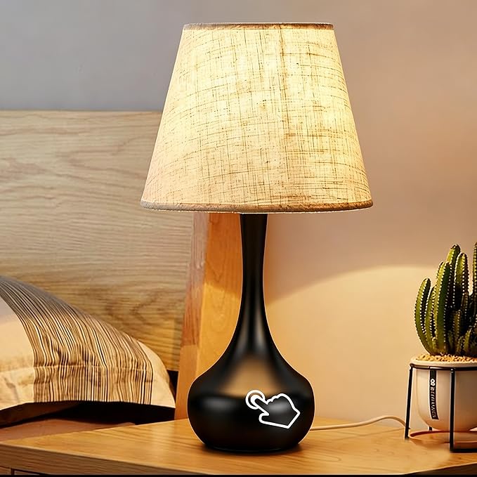 3-Way Dimmable Touch Table Lamps for Nightstand - Small Bedside Lamps with Fabric Shade in Black, Farmhouse Style Desk Lamp for Bedroom, Kids Room, Living Room, Home Office & Reading (Black)
