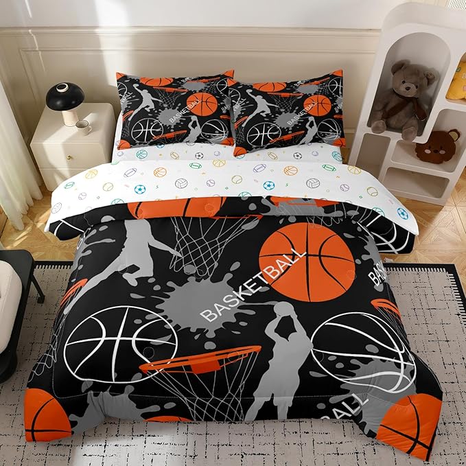 Bodhi Basketball Kids Bedding Sets,Twin Size Basketball Comforter Sets for Boys,5 Pcs Kids Sports Basketball Bedding Sets,Bed in A Bag (1 Comforter,1 Flat Sheet,1 Fitted Sheet,2 Pillowcases)