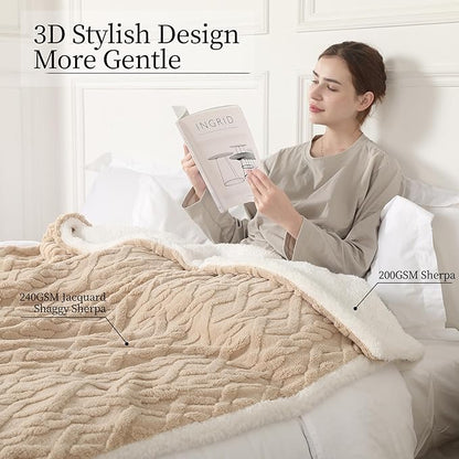 Electric Heated Blanket, 3D Pattern Design, Queen Size Sherpa Super Cozy Heated Blanket with 5 Heating Levels & 10 Hours Auto Off, Beige