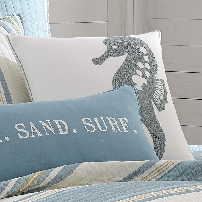Levtex Home - Blue Maui - Decorative Pillow (18 x 18in.) - Embroidered Seahorse - Teal and White