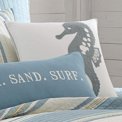 Levtex Home - Blue Maui - Decorative Pillow (18 x 18in.) - Embroidered Seahorse - Teal and White
