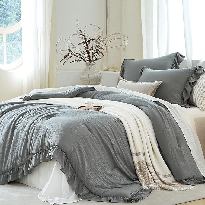 Grey Ruffle Comforter Set King, Pre-Washed Shabby Chic Bedding Set, Lightweight Cottagecore Soft Romantic Cozy 1 Comforter & 2 Shams, All-Season