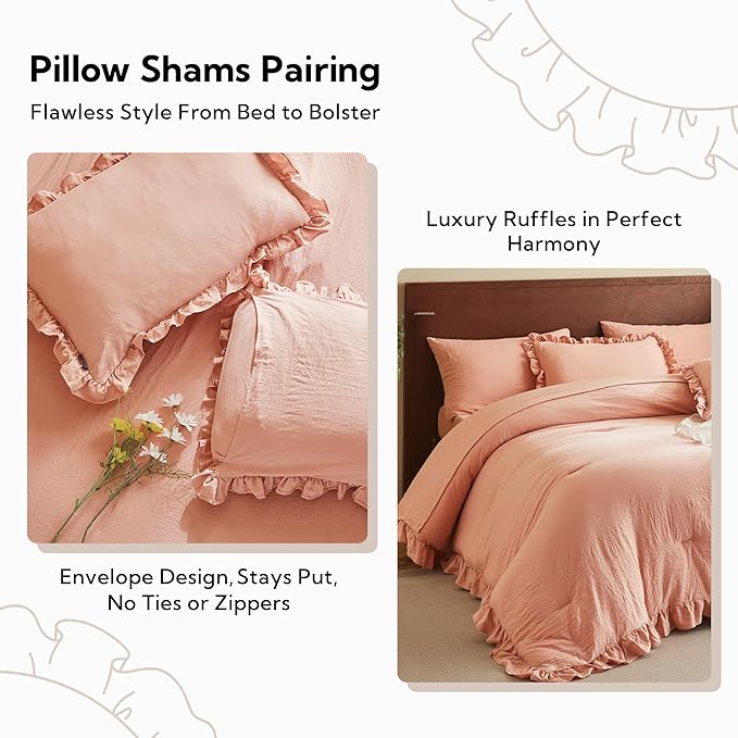 MR&HM King Size Comforter Set Coral Pink, Comforter Set 7 Pieces for Girls Women, Shabby Chic Vintage Cottagecore Bed Sets Elegance Boho Bed in a Bag, Ultra-Soft & Fluffy Comforter for All Season
