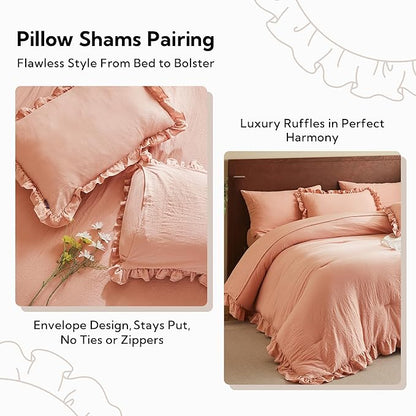 MR&HM California King Comforter Set Coral Pink, Comforter Set 7 Pieces for Girls Women, Shabby Chic Vintage Cottagecore Bed Sets Boho Bed in a Bag, Ultra-Soft & Fluffy Comforter for All Season