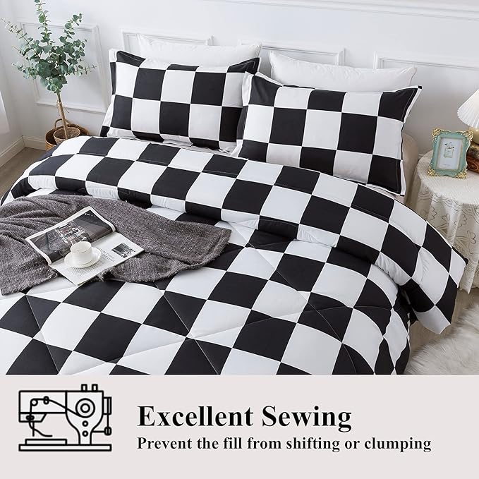 Andency Checkered Comforter Full(79x90Inch), Black White Plaid Gingham Bed Set for Teen Boys Kids, Lightweight Microfiber Geometric Preppy Bedding, 3 Pieces