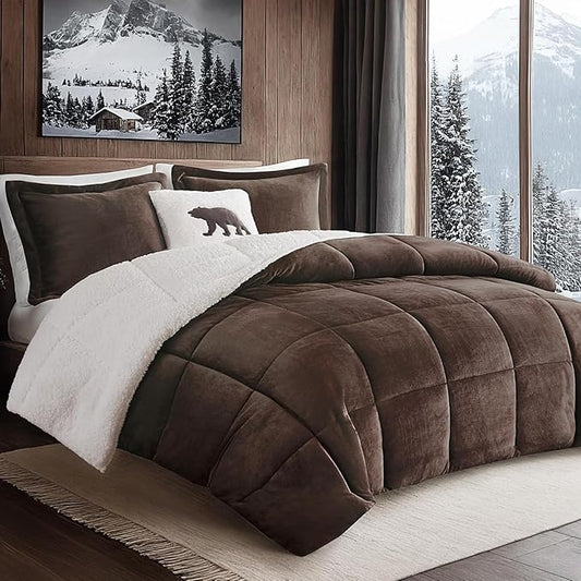 Woolrich Reversible Comforter Set Ultra Soft Plush to Sherpa, Down Alternative, Cold Weather Winter Warm Bedding, with Matching Sham, Decorative Pillow Brown/Ivory King 4 Piece