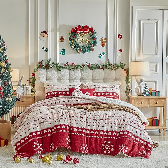 Christmas Sherpa Comforter Set Twin Size 3 Pieces Red Stripes Cream Heart Deer Holiday Winter Bedding Microfiber Warm Fleece Comforter with 2 Pillow Shams - Thanksgiving New Year Gift Choice