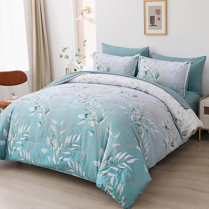 WONGS BEDDING Comforter Set Queen Size, 7 Pieces Aqua Botanical Bed in a Bag Golden Leaves Gradient Bedding Set Soft Microfiber (1 Comforter,2 Pillowcase,2 Pillow Shams,1 Flat Sheet,1 Fitted Sheet)