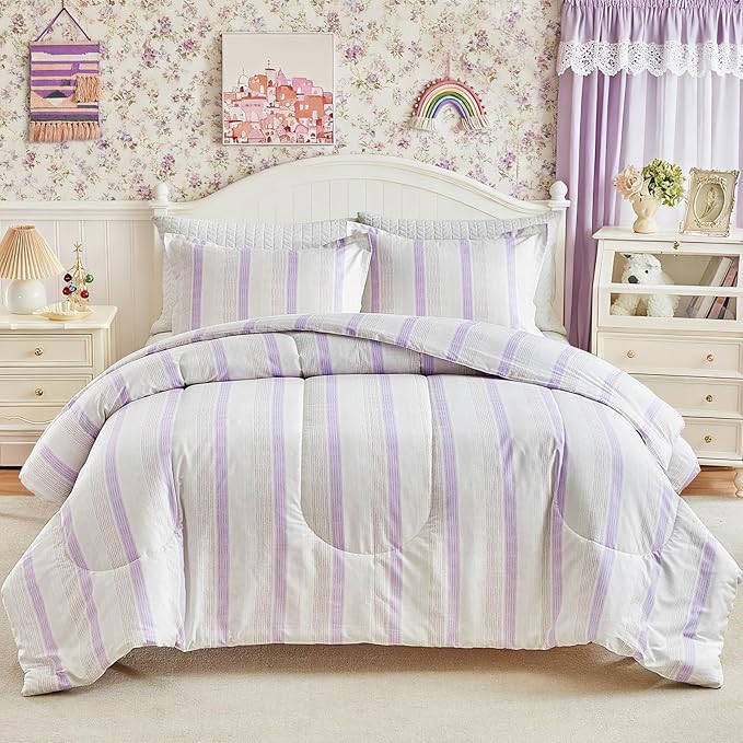 Joyreap 3pcs Cotton Comforter Set Twin, Purple Stripes Stylish Design, Soft Cozy Lightweight Bedding Comforter Set for All Seasons- 68x88 inches