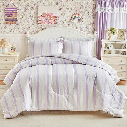 Joyreap 3pcs Cotton Comforter Set Twin, Purple Stripes Stylish Design, Soft Cozy Lightweight Bedding Comforter Set for All Seasons- 68x88 inches