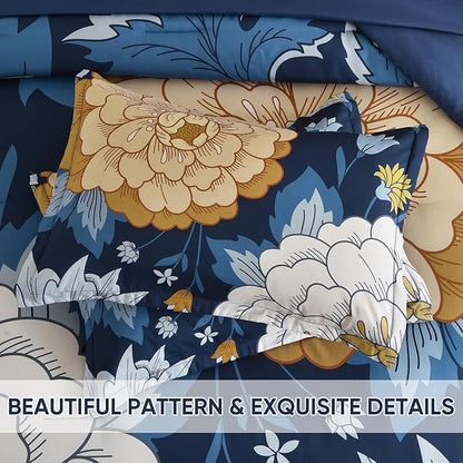 DJY Floral Comforter Set Queen Size Navy Blue Bed in a Bag 7 Pieces Botanical Boho Comforter with Sheet Set, Soft Microfiber Farmhouse Bedding Set for All Season (Navy, 90''x90'')