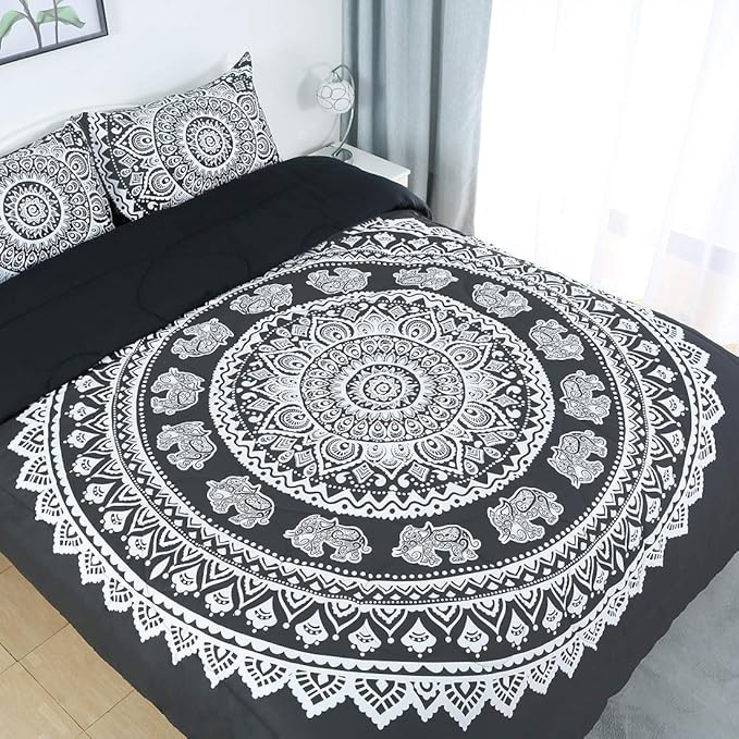 uxcell 3-Piece Bohemian Black Comforter Sets - 3D Printed Bohemia Themed - All-Season Down Quilted Duvet - Reversible Design - Includes 1 Comforter, 2 Pillow Cases King