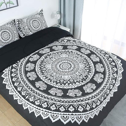 uxcell 3-Piece Bohemian Black Comforter Sets - 3D Printed Bohemia Themed - All-Season Down Quilted Duvet - Reversible Design - Includes 1 Comforter, 2 Pillow Cases King