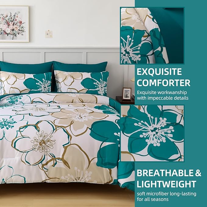 Anibedding 7Pieces Teal Grey Floral Comforter Set King Size, Soft Microfiber Grey Blue Bed in a Bag Comforter Set with Sheets for All Season