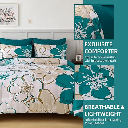 Anibedding 7Pieces Teal Grey Floral Comforter Set King Size, Soft Microfiber Grey Blue Bed in a Bag Comforter Set with Sheets for All Season
