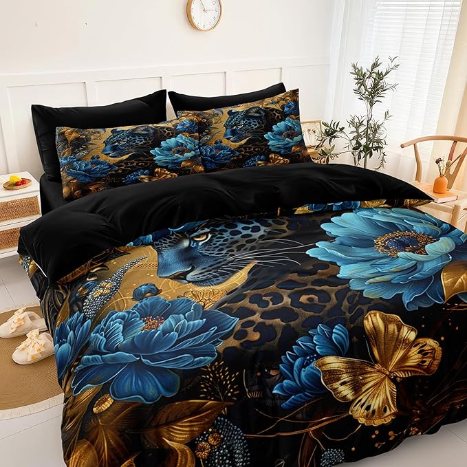 Black Gold Comforter Set Leopard Animal Bedding Set Blue Floral Brown Leopard Print Black and Blue Comforter Forest Theme Vintage Retro Black Bed in A Bag King