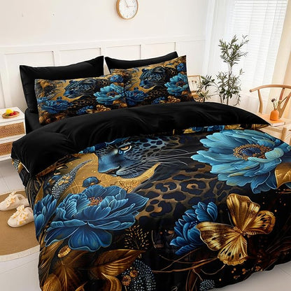 Black Gold Comforter Set Leopard Animal Bedding Set Blue Floral Brown Leopard Print Black and Blue Comforter Forest Theme Vintage Retro Black Bed in A Bag King