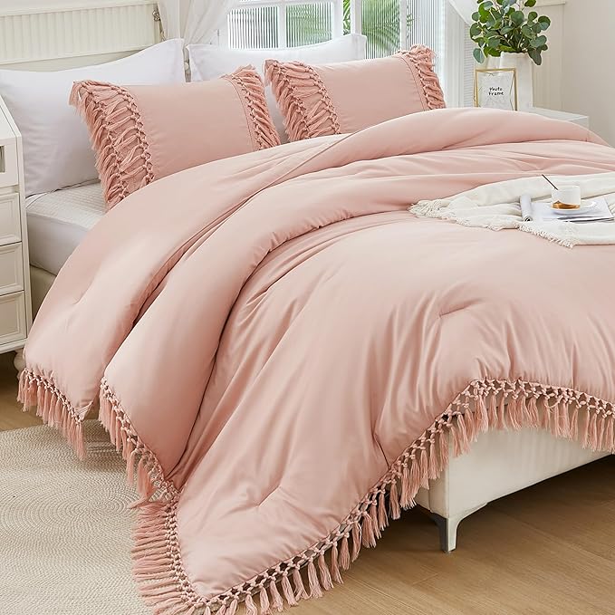 Andency Pink Comforter Set California King, 3 Pieces Boho Tassel Lightweight Soft Bedding Comforter Sets for King Bed, All Season Fluffy Fringe Bed Set (104x96In Comforter & 2 Pillowcases)
