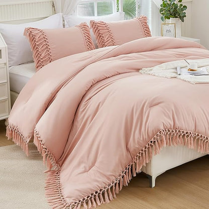 Andency Pink Comforter Set King, 3 Pieces Boho Tassel Lightweight Soft Bedding Comforter Sets for King Bed, All Season Fluffy Fringe Bed Set (104x90In Comforter & 2 Pillowcases)