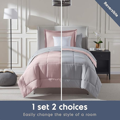Nestl 5 Piece Twin Comforter Set – Blush Pink Reversible Bed in a Bag – Complete Twin Size Bedding Set with Sheets, Pillowcase and Sham