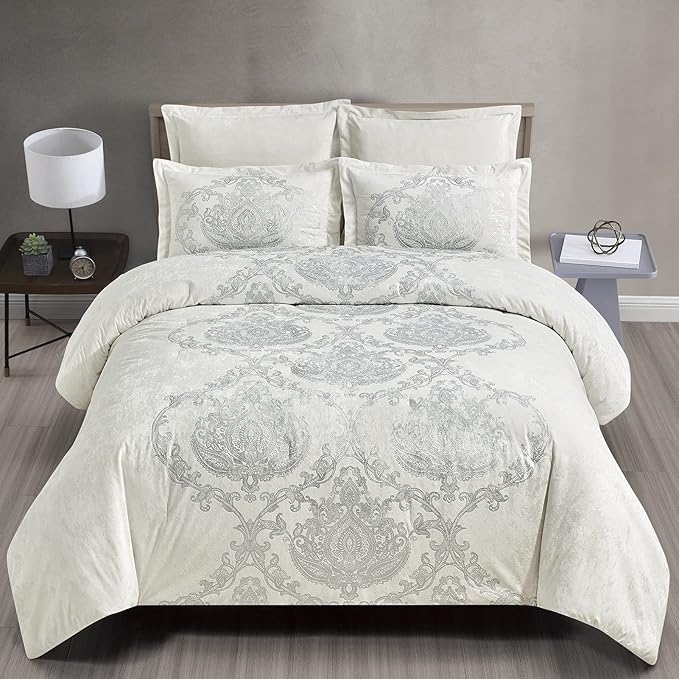 Sunshine Nicole Metallic Print Comforter Set, Distressed Velvet Face with Metallic Print and Brushed Solid Microfiber Reverse, with Light Weight Soft Poly Fill, 5 Pieces Light Ivory Silver, King