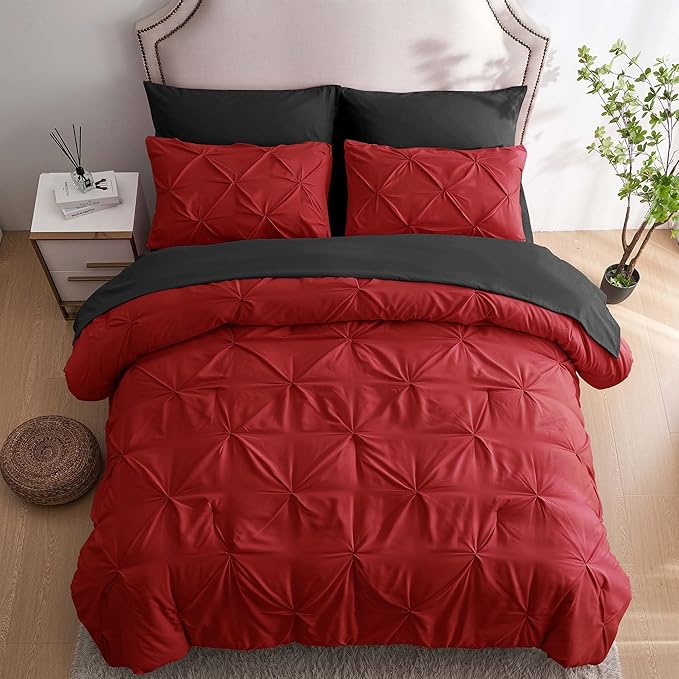Ubauba 7pc King Size Comforter Set with Sheets, All Season Pintuck 7 Piece Bedding Sets Red and Black, Pinch Pleating Bed in a Bag Set with Comforters (Red and Black,King)