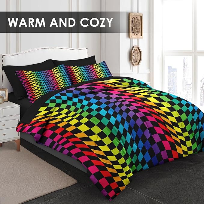 Comforter Set Queen Size, Rainbow Geometric Colorful 7 Pcs Bedding for Kids and Adults, Dot Pride Wavy Bed Sheet Sets with Fitted Sheet 2 Pillowcases & 2 Shams for Bedroom Bed Decor