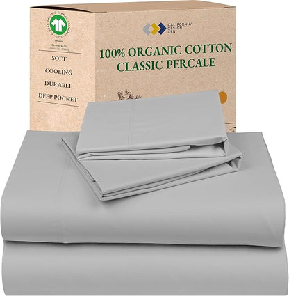 California Design Den King Size Sheets Set - Soft 100% Organic Cotton, Crisp Percale Sheets with Deep Pockets, Breathable and Durable Bedding Set - Light Grey