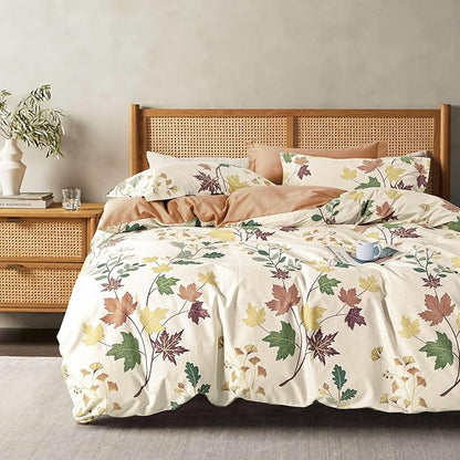 Botanical Cotton Comforter Queen Size - Luxurious Design with Maple Leaves and Branches on Beige, Textured Maple Orange Back, 3PC Lightweight Bedding Set with Ultra-Soft Alternative Fill