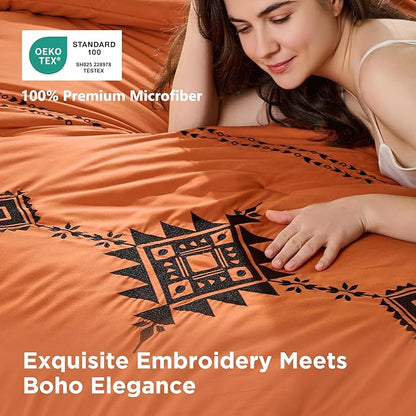 Embroidered Boho Comforter Set Full Size, 3-Piece Western Shabby Chic Bedding Set - Fluffy Ultra Soft Microfiber with Intricate Design, Includes Comforter & 2 Pillowcases, Pumpkin(82"x86")