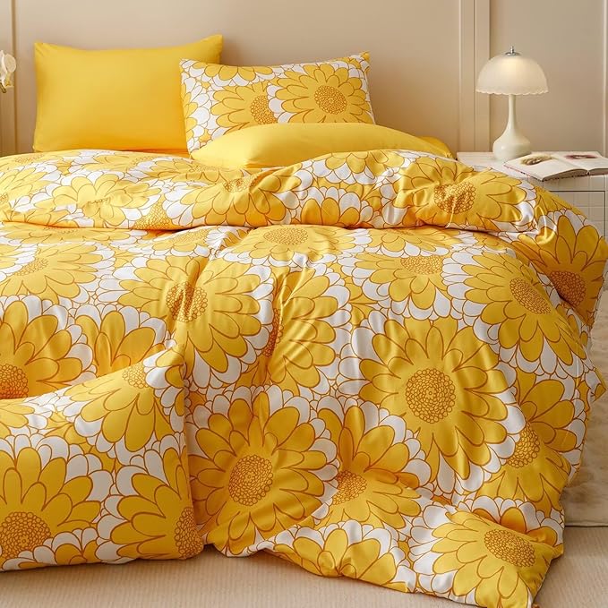 Houseri Yellow Sunflower Comforter Set Twin 3 Piece Yellow Floral Bedding Twin Size Lightweight White and Yellow Botanical Bed Set Soft Comfy Quilt Blanket Twin