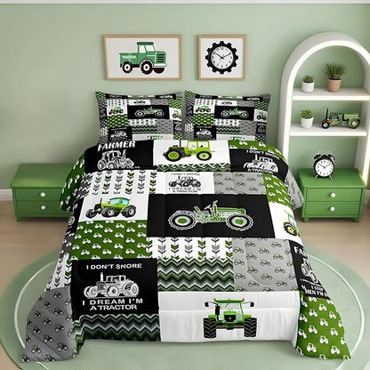 Feelyou Tractor Comforter Set Cartoon Farm Tractor Down Duvet for Kids Boys Girls Truck Car Bedding Set Harvester Excavator Comforter Green 1 Comforter Set with 1 Pillowcase Toddler Size