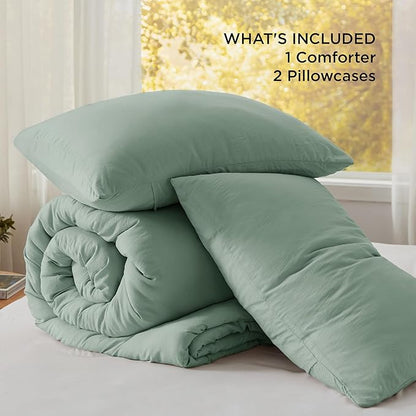 Bedsure Full Comforter Set, Sage Green Soft Prewashed Bedding for All Seasons, 3 Pieces GentleSoft™ Bed Set, 1 Lightweight Comforter (82"x86") and 2 Pillowcases (20"x26")