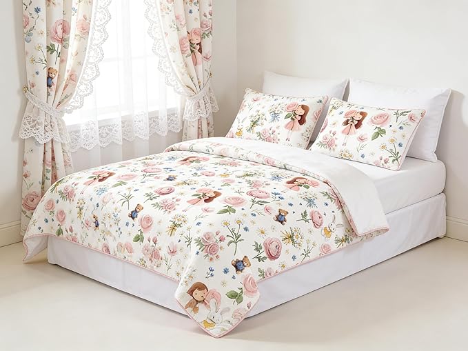 Girls Priness Comforter Set Kids 5Pcs Twin Size Bed in A Bag Pink Botanical Rose Bedding with Rabbit Bear Pattern, 1 Quilted Comforter(68"x86")&2 Pillowcase&1 Flat Sheet &1 Fitted Sheet