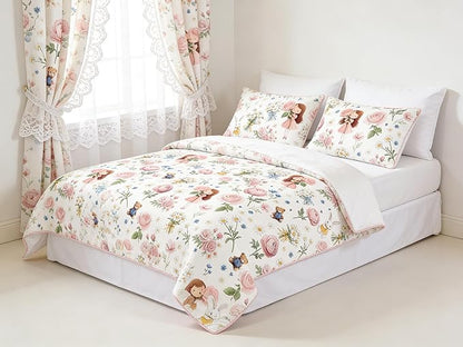 Girls Priness Comforter Set Kids 5Pcs Twin Size Bed in A Bag Pink Botanical Rose Bedding with Rabbit Bear Pattern, 1 Quilted Comforter(68"x86")&2 Pillowcase&1 Flat Sheet &1 Fitted Sheet