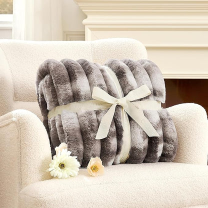 Cozy Bliss Faux Fur Throw Blanket for Couch, Cozy Warm Plush Striped Blanket for Sofa Bedroom Living Room, 50 * 60 Inches Tie-dye Grey