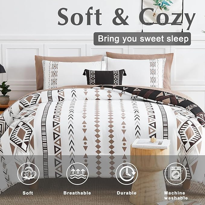 Geniospin Super King Size Comforter Set- 7 Pieces Boho Bed in a Bag, Western Bedding Set for All Seasons, Reversible Aztec Bedding, Lightweight Comforter Bed Set with Sheets, Pillowcases & Shams