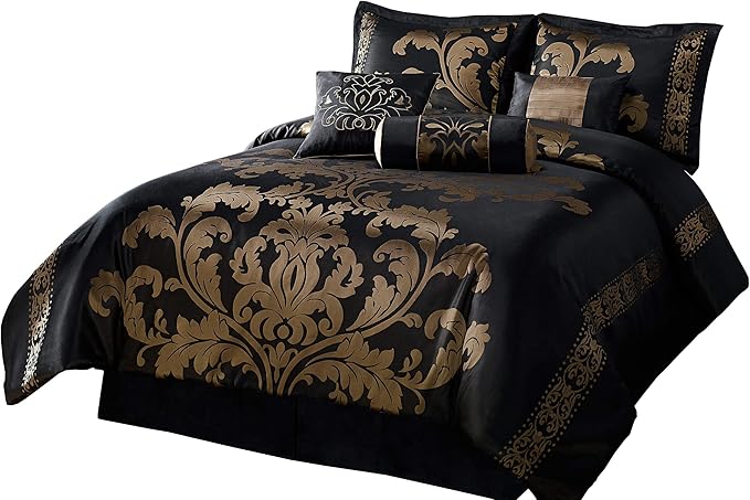 Chezmoi Collection Royale 7-Piece Jacquard Floral Comforter Set, Oversized King, Black/Gold