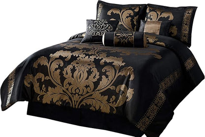 Chezmoi Collection Royale 7-Piece Jacquard Floral Comforter Set, Oversized King, Black/Gold