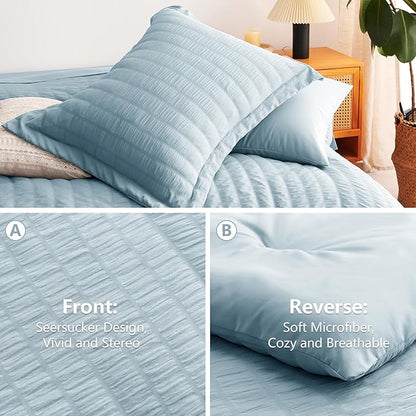 CozyLux King Size Comforter Set Light Blue Seersucker 7 Pieces Bed in a Bag King Comforter Set with Sheets, Luxury Bedding Set with Down Alternative Comforter, Sheets, Pillowcases & Shams All Seasons