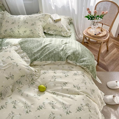MKXI Full Size Beige & Green Floral Comforter Set - 3 Piece Ruffled Lace Bedding Set with Reversible Design, Soft Aesthetic Cottagecore Style Green Leaf Comforter for Girls, Women, and Teens