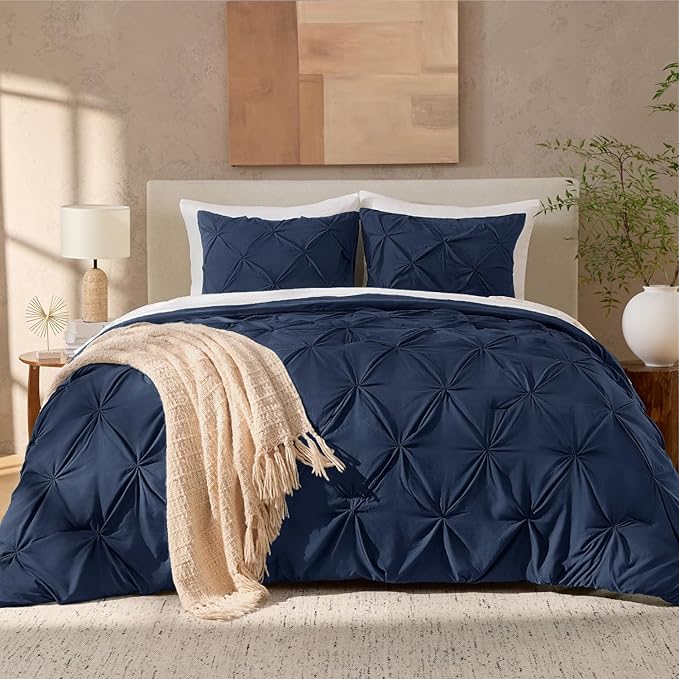 Andency Navy Blue Pinch Pleated Comforter Set Queen(90x90Inch), 3 Pieces Pintuck Soft Luxurious Bed, Microfiber Down Alternative Comforter Bedding Set