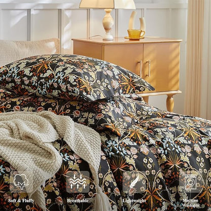 mixinni Vintage Floral Comforter Set Queen, All Seasons Bohemian Bedding Set, 3 Pieces Farmhouse Boho Shabby Chic Vibrant Colors Flowers Plants Comforter Set Perfect for Women and Men-Queen Size
