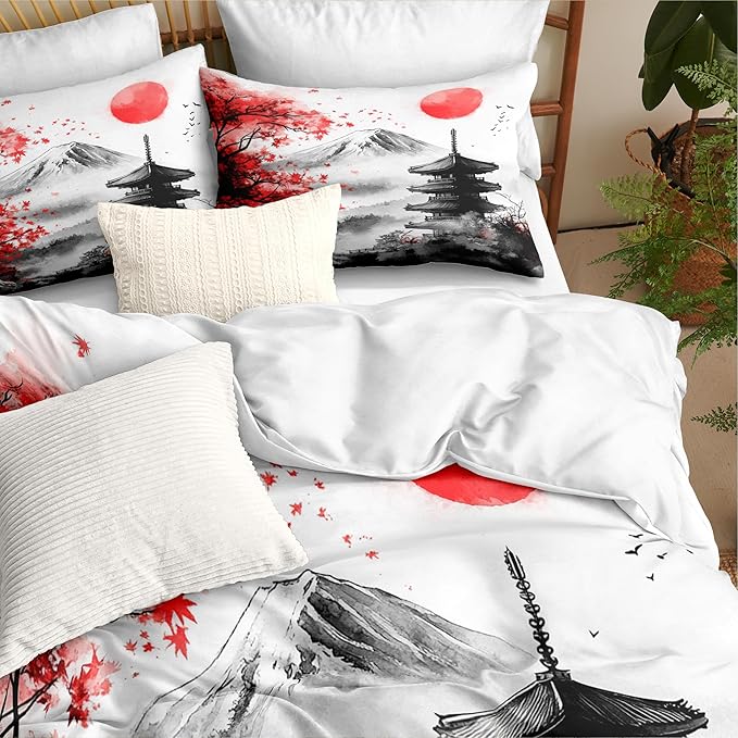 Black Red Japanese Comforter Set King, Mount Fuji Asian Landscape Red Sun Soft Bedding Set, 3 PCS Cherry Blossom Spring Lightweight Microfiber Comforter(90" X 104")