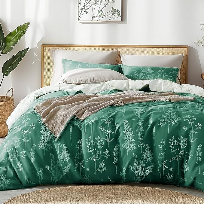 Love's cabin Emerald Comforter Set Queen - Queen Size Comforter Set, 3 Pieces Cute Floral Bedding Sets for All Seasons,1 Soft Reversible Botanical Flowers Comforter and 2 Pillow Shams